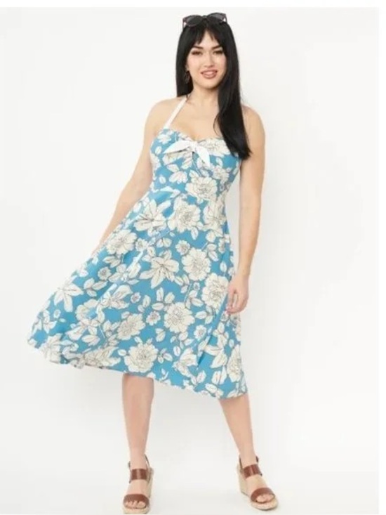 Unique Vintage Dresses & Skirts - Unique Vintage Blue & White Floral Bouquet Swing Dress size L / 10-12
